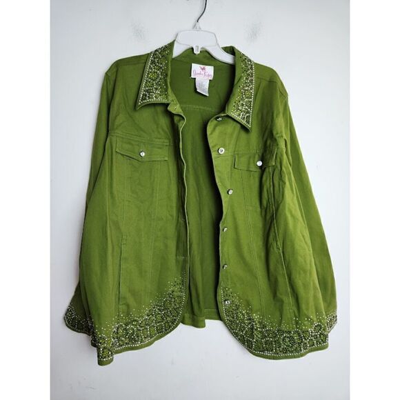 Quacker Factory Green w/Studded Detail Cotton Button Up Jacket size 1X - Picture 2 of 9